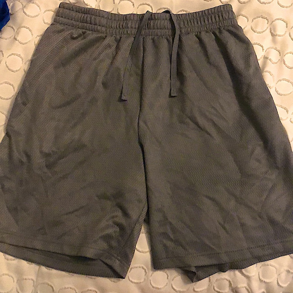 Grey basketball workout shorts.